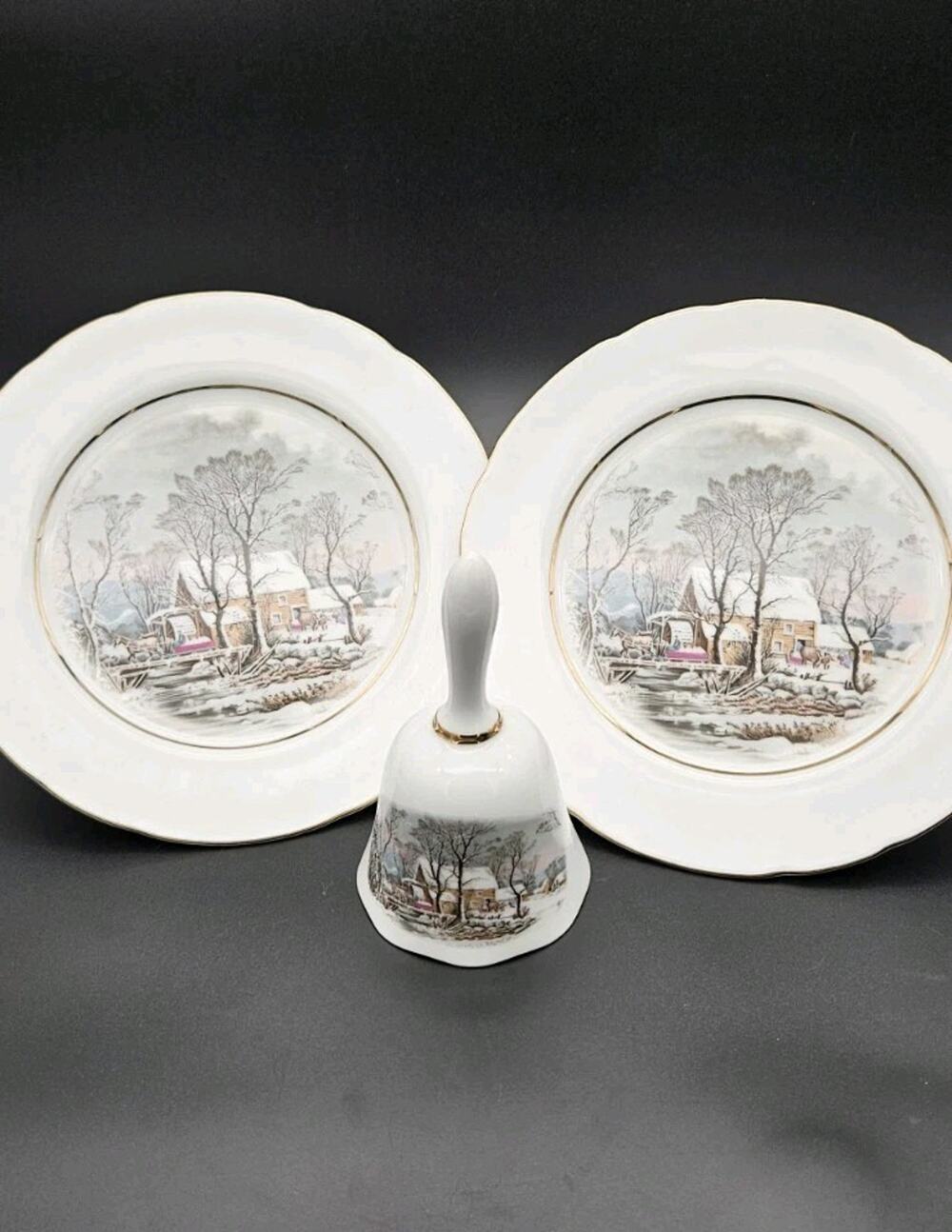 Vintage Avon 1978 Winter Scene Plates & Bell Set Made in Japan Gold Trim